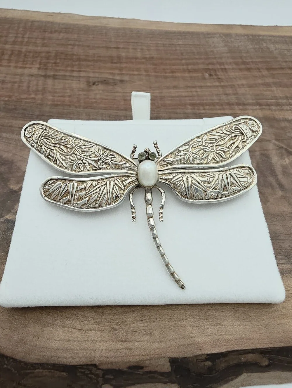 Vintage Dragonfly Insect Brooch Pearl Repousse Art Nouveau 925 Sterling Silver
